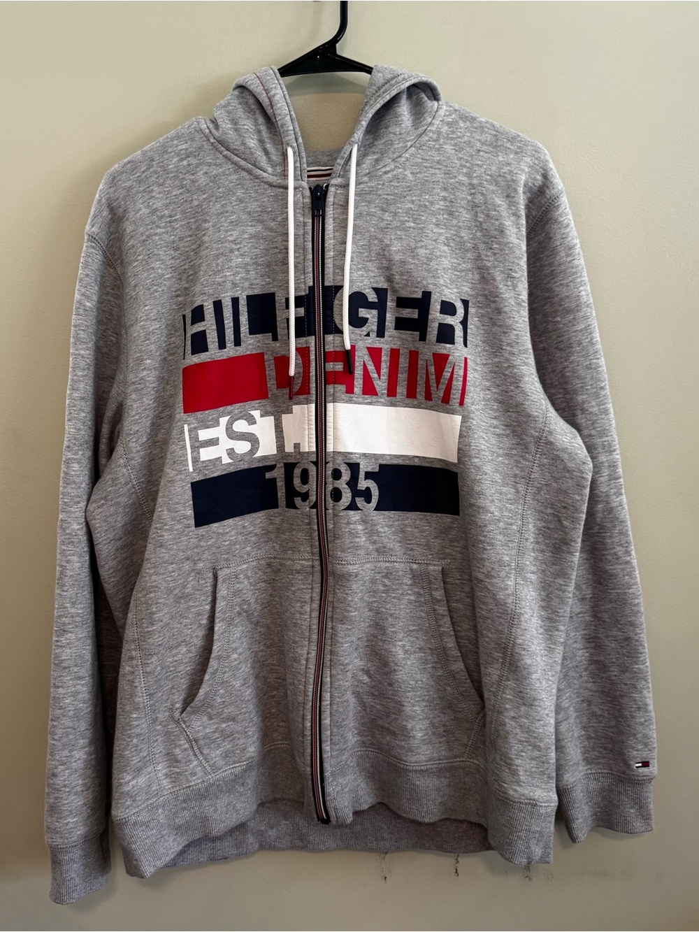 Tommy Hilfiger Men’s Large Grey Full Zip Logo Hoodie 1985